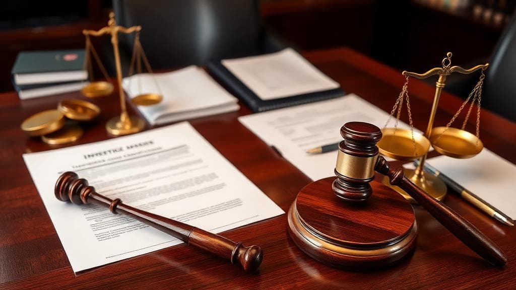 Młotek sędziowski i waga – dokumenty w sprawie spadkowej