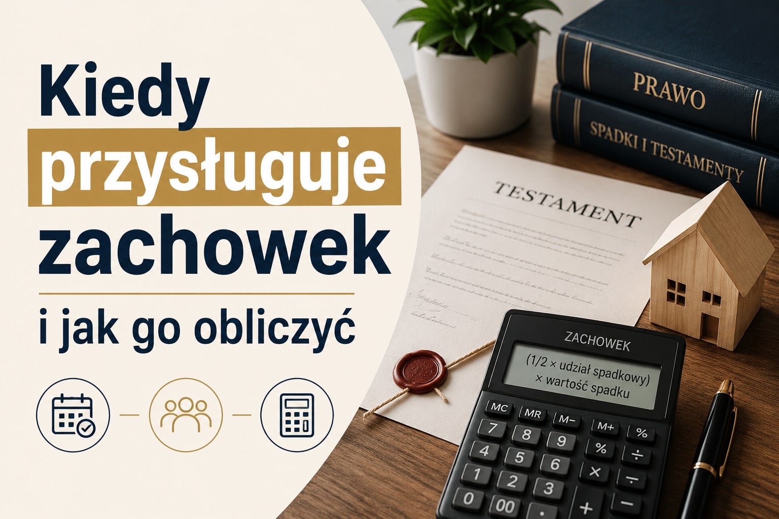 Kalkulator ze wzorem na zachowek (1/2 udziału spadkowego × wartość spadku), testament z pieczęcią i księgi prawa spadkowego na biurku