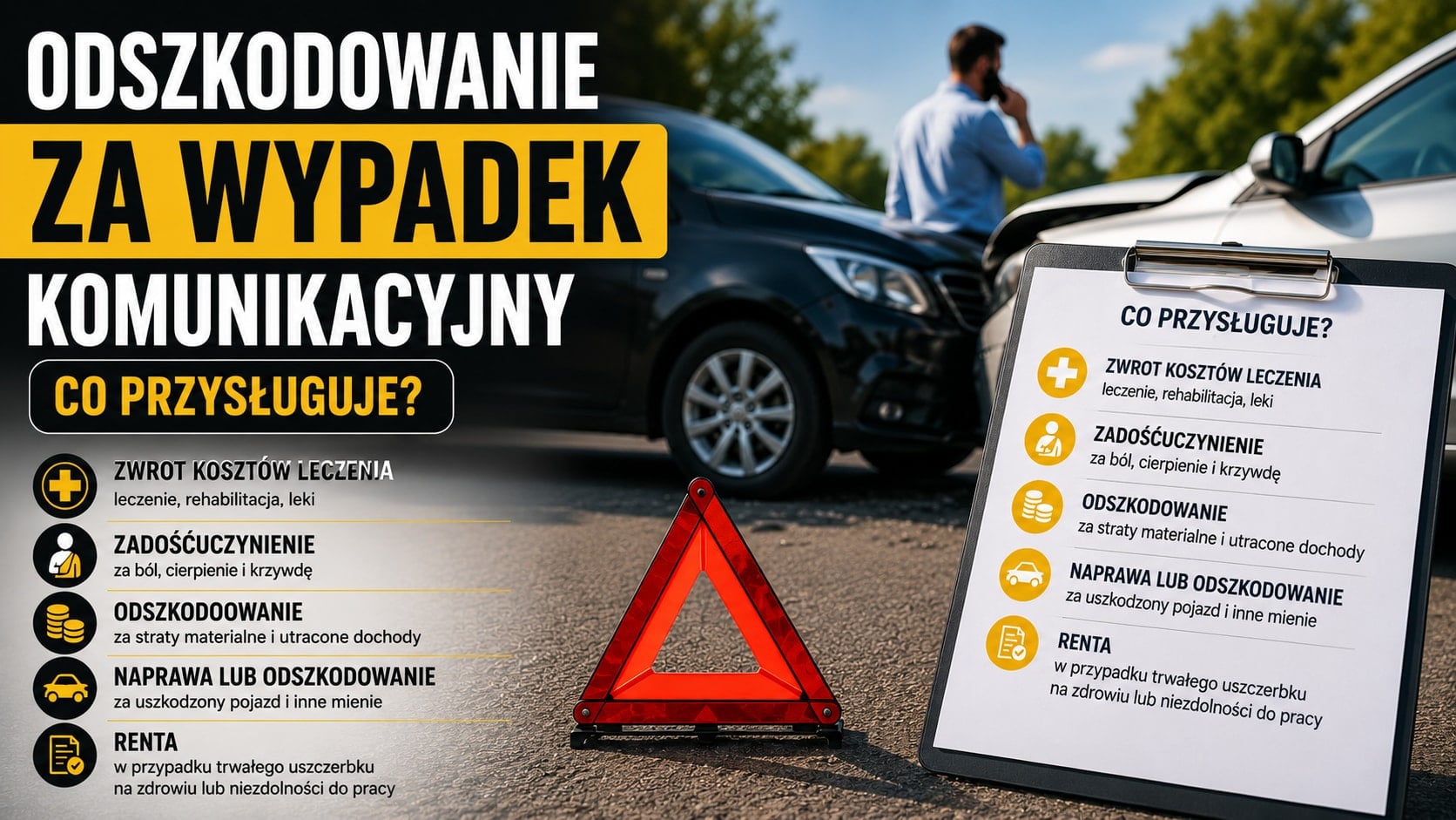 Infografika przedstawiająca świadczenia po wypadku komunikacyjnym: zwrot kosztów leczenia, zadośćuczynienie za krzywdę, odszkodowanie za utracone dochody, naprawę pojazdu i rentę.