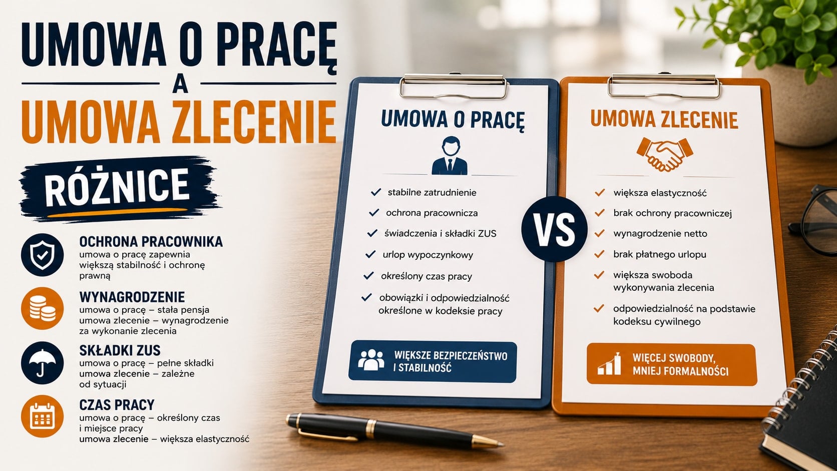 Infografika porównująca umowę o pracę i umowę zlecenie pod względem stabilności zatrudnienia, wynagrodzenia, czasu pracy, urlopu i L4, składek ZUS oraz ochrony prawnej.