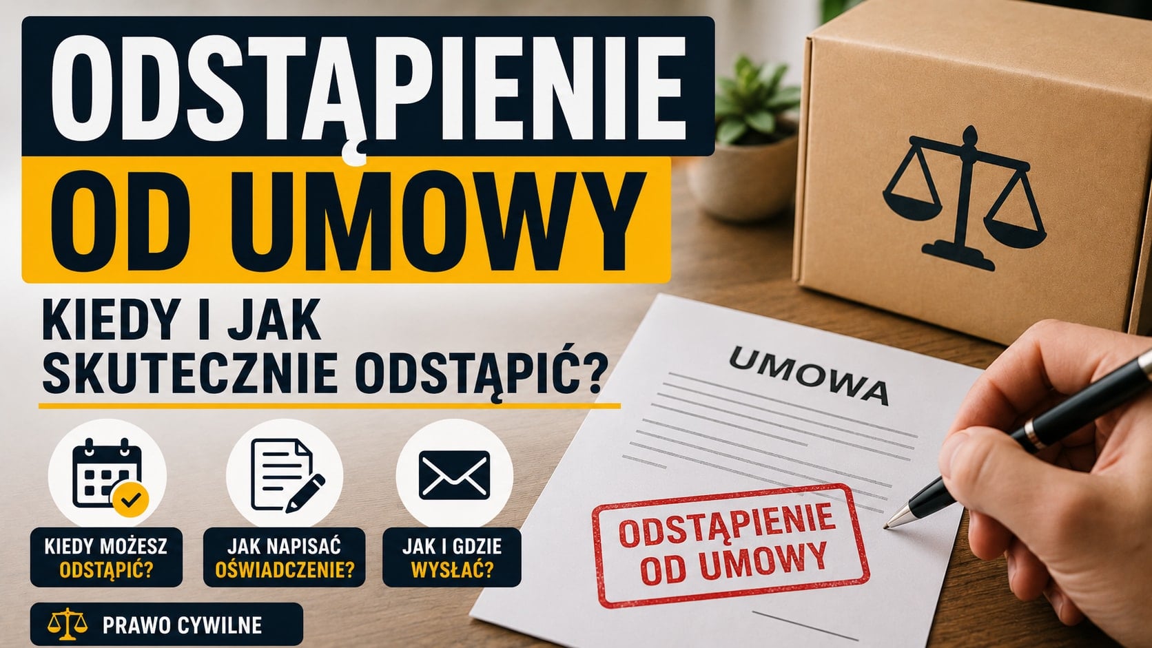 Infografika o odstąpieniu od umowy: kiedy przysługuje prawo do odstąpienia, jak napisać oświadczenie i gdzie je wysłać.
