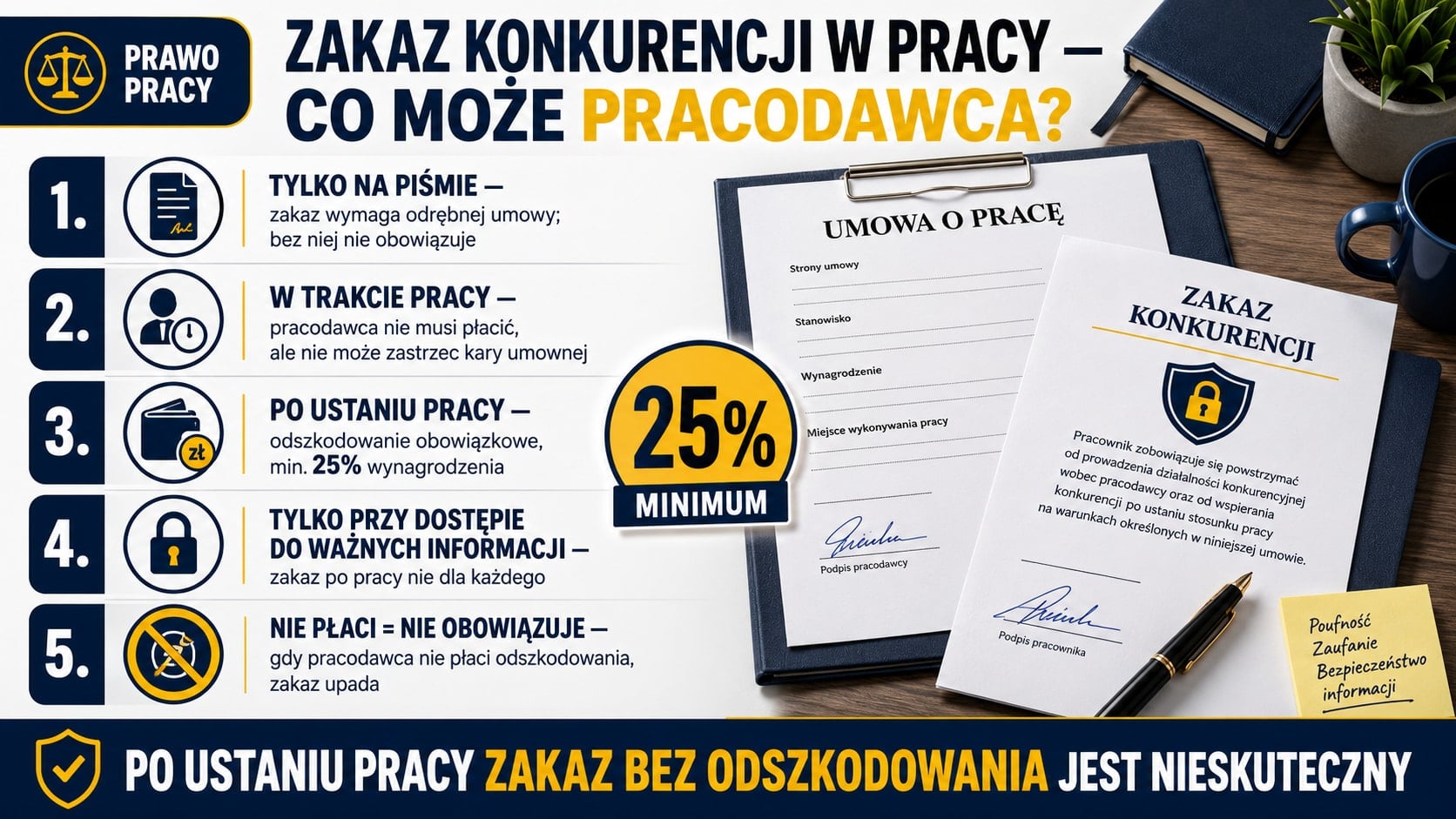 Infografika o zakazie konkurencji w pracy: forma pisemna, zasady w trakcie i po ustaniu zatrudnienia, odszkodowanie min. 25% i skutek braku wypłaty.
