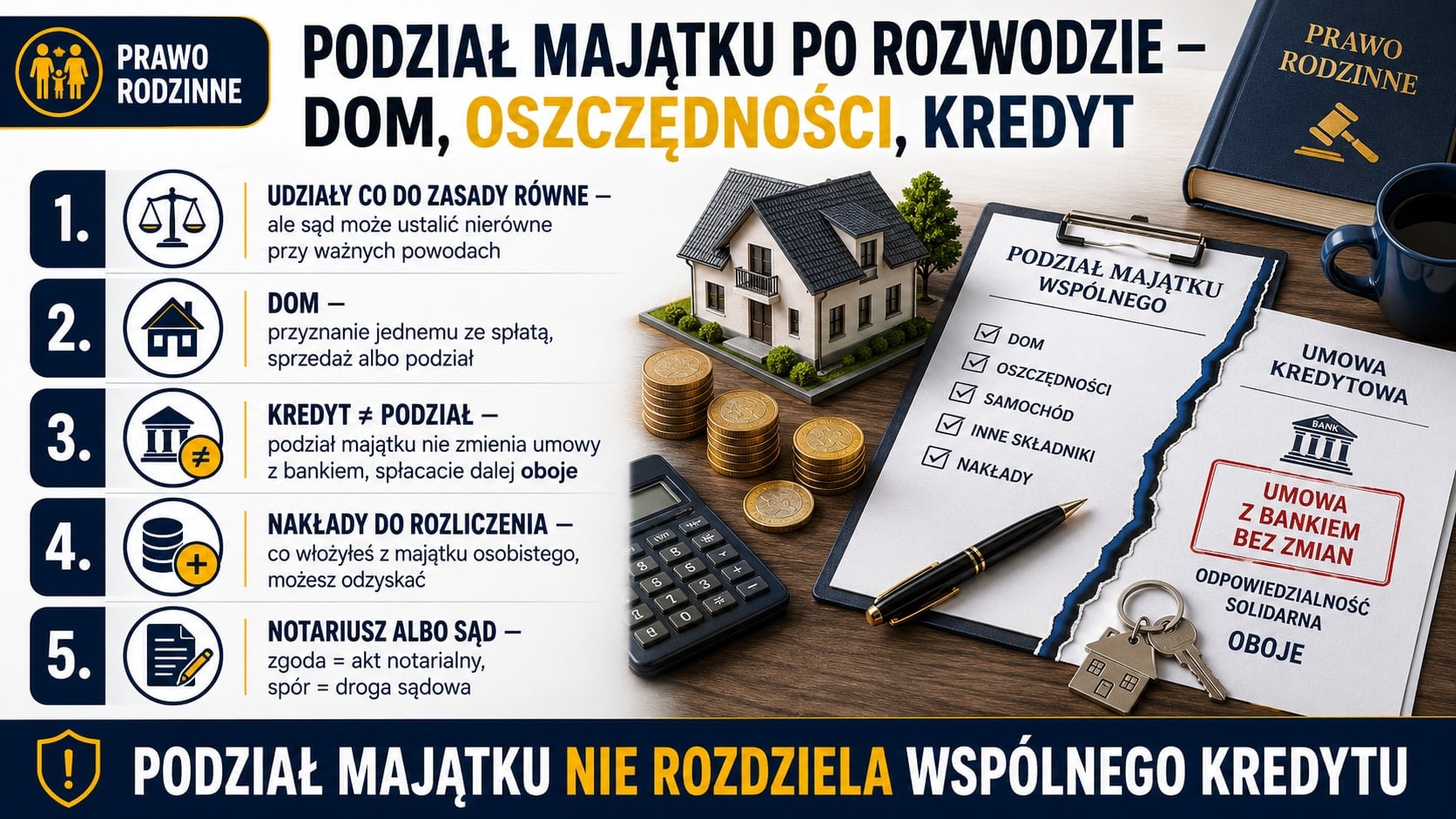 Infografika o podziale majątku po rozwodzie: równe udziały z wyjątkami, podział domu, wspólny kredyt niezależny od podziału, rozliczenie nakładów oraz droga notarialna albo sądowa.