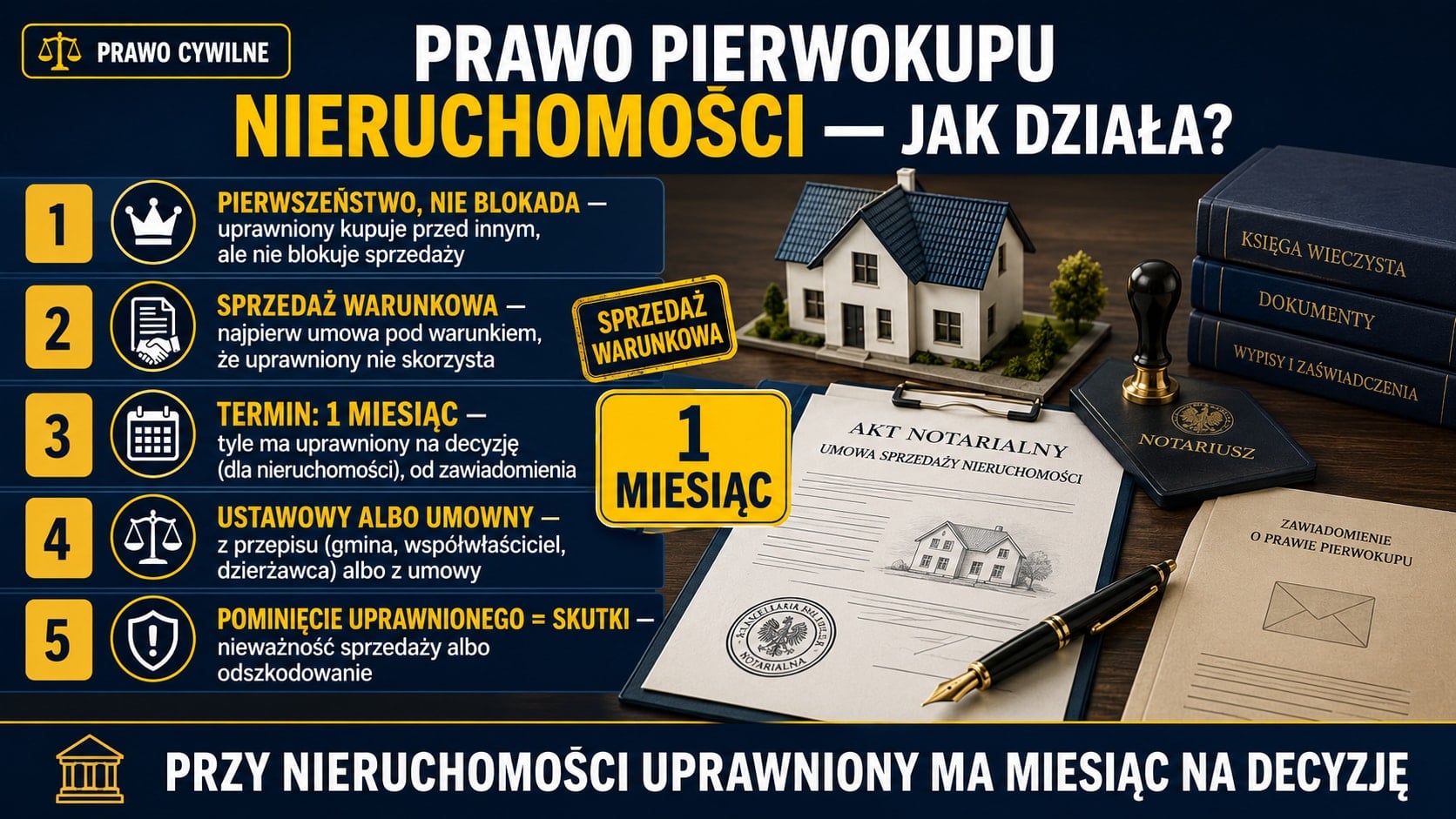 Infografika o prawie pierwokupu nieruchomości: pierwszeństwo bez blokowania sprzedaży, sprzedaż warunkowa, termin jednego miesiąca oraz skutki pominięcia uprawnionego.