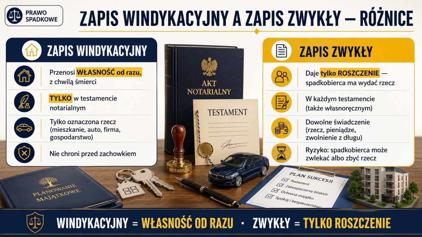 Infografika porównująca zapis windykacyjny i zapis zwykły: windykacyjny przenosi własność od razu (testament notarialny), zwykły daje tylko roszczenie wobec spadkobiercy.
