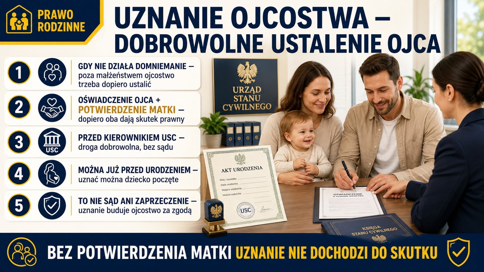 Infografika o uznaniu ojcostwa: dobrowolne ustalenie ojca przed kierownikiem USC, wymagane oświadczenie ojca i potwierdzenie matki, możliwe także przed urodzeniem dziecka.