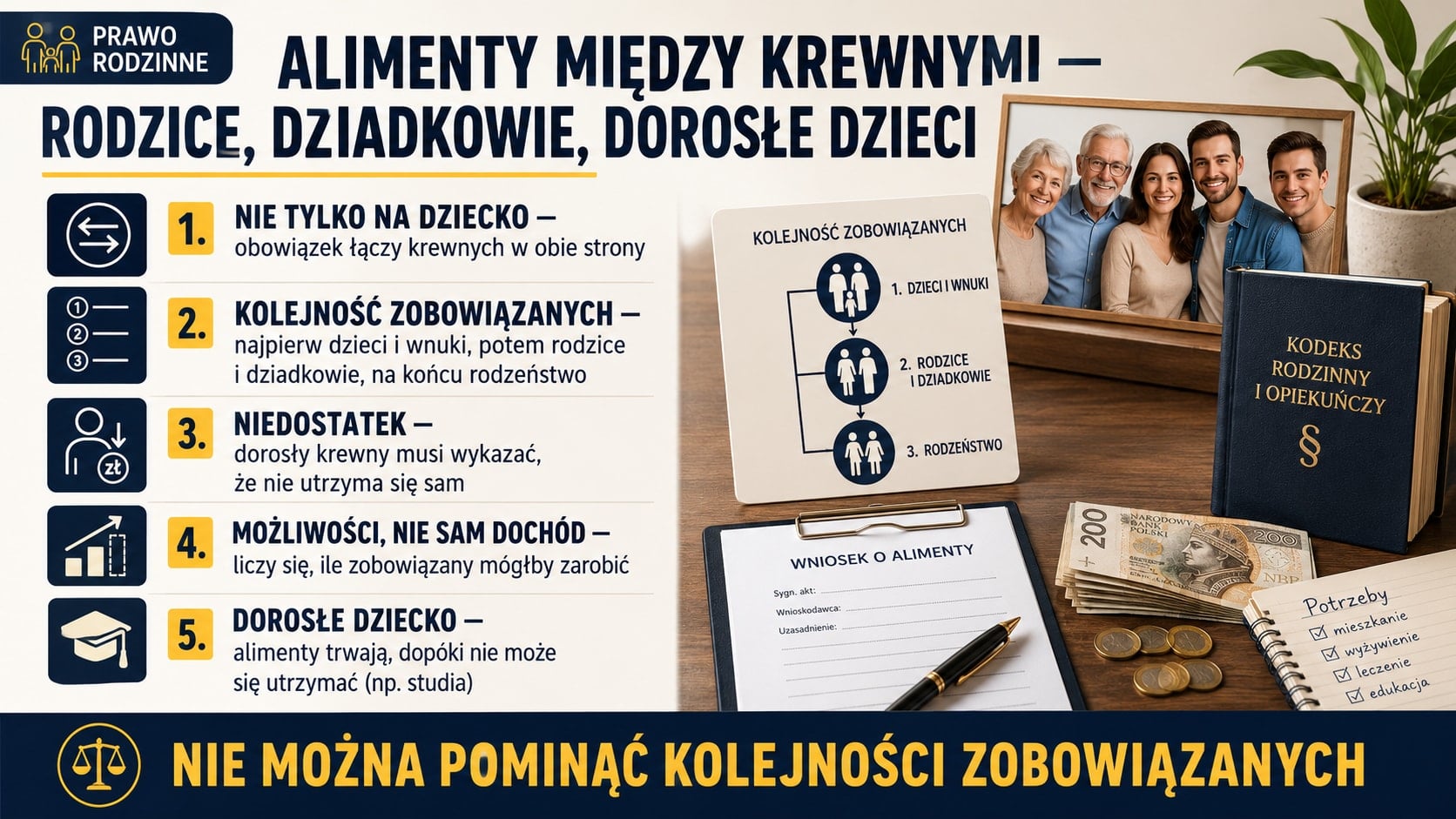 Infografika o alimentach między krewnymi: obowiązek działa w obie strony, kolejność zobowiązanych od dzieci i wnuków po rodzeństwo, niedostatek oraz alimenty na dorosłe dziecko.