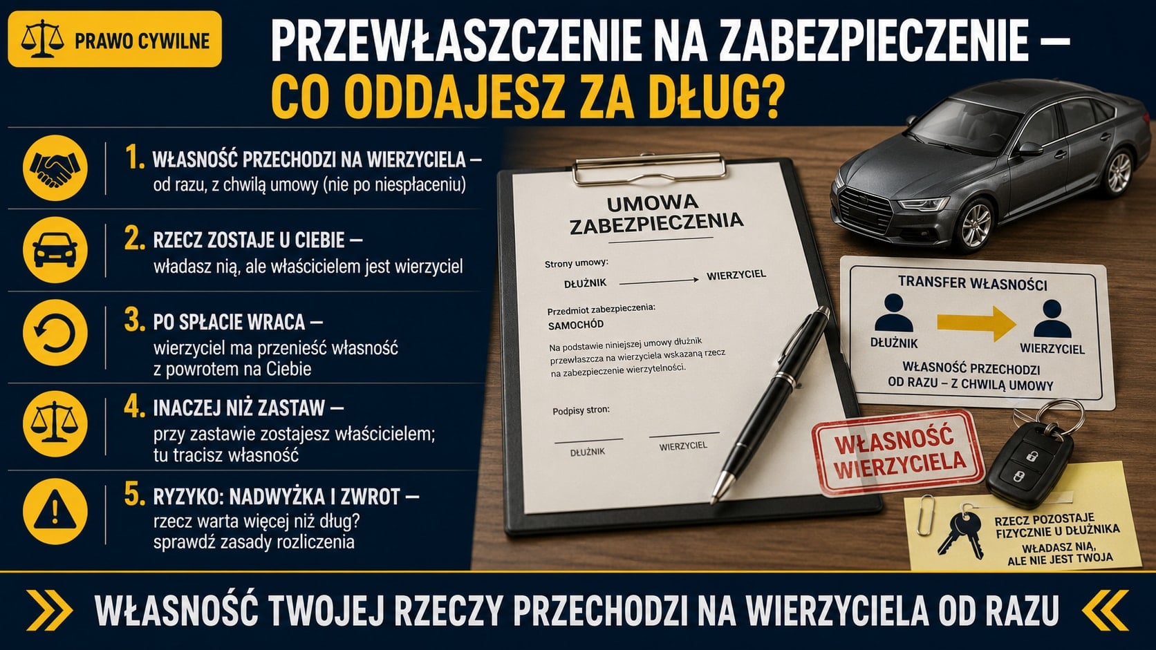 Infografika o przewłaszczeniu na zabezpieczenie: własność rzeczy przechodzi na wierzyciela od razu, rzecz zostaje u dłużnika, wraca po spłacie, inaczej niż przy zastawie.