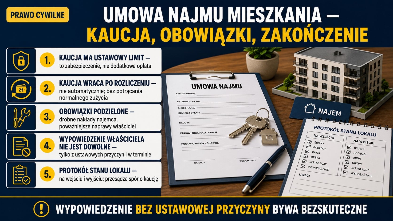 Infografika o umowie najmu mieszkania: limit i zwrot kaucji po rozliczeniu, podział obowiązków między strony, ograniczone wypowiedzenie przez właściciela oraz protokół stanu lokalu.
