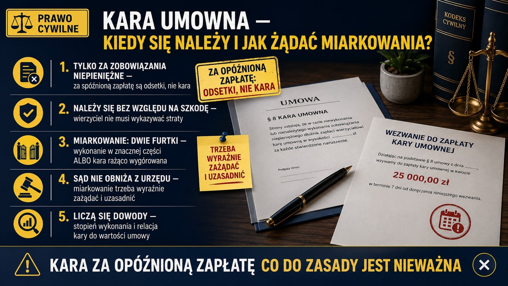 Infografika o karze umownej: należy się tylko za zobowiązania niepieniężne, niezależnie od poniesionej szkody; jej miarkowanie jest możliwe przy znacznym wykonaniu lub rażącym wygórowaniu, wyłącznie na żądanie dłużnika.