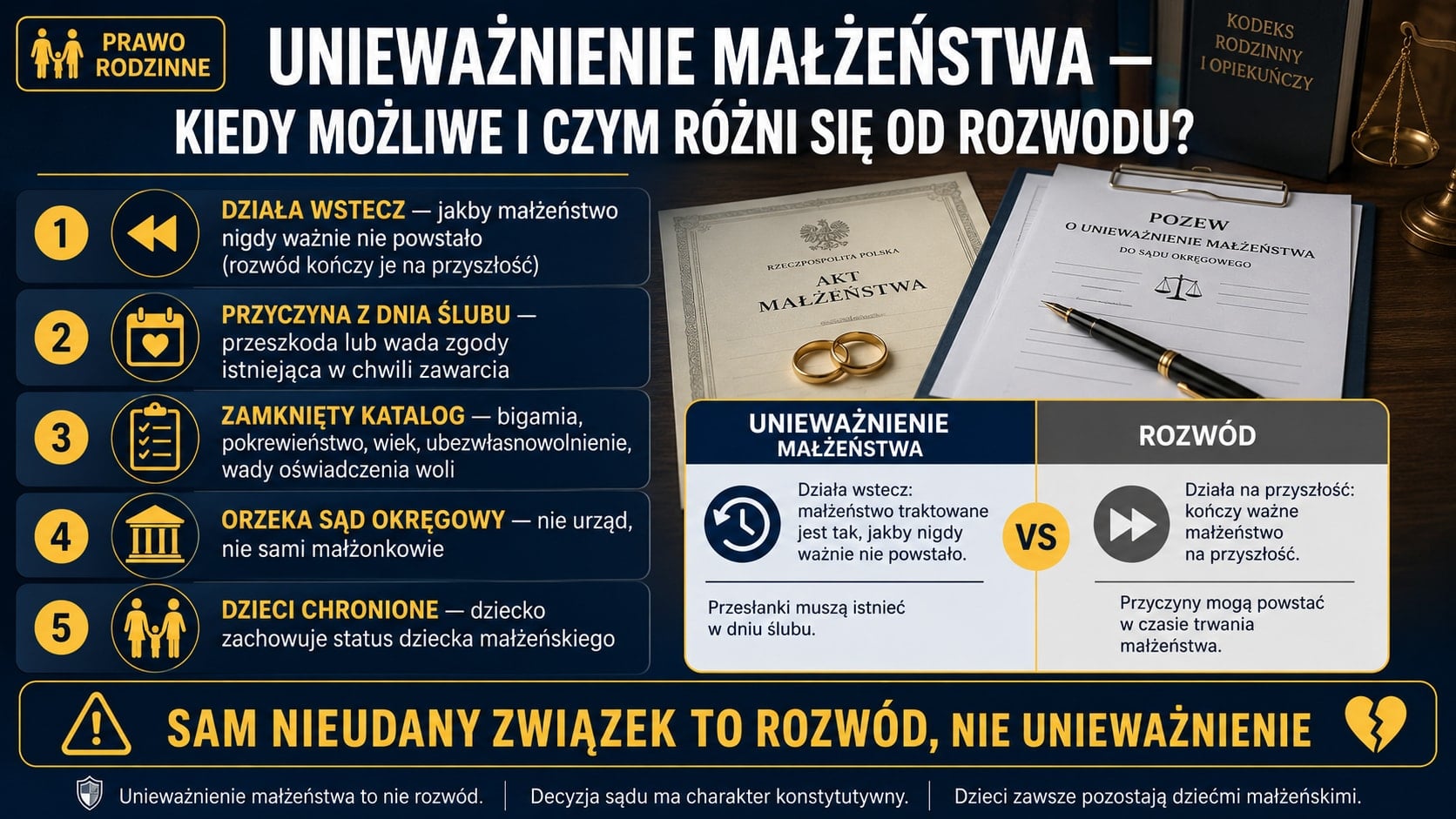 Infografika o unieważnieniu małżeństwa: działa wstecz i traktuje związek tak, jakby nigdy ważnie nie powstał (inaczej niż rozwód); wymaga przyczyny z dnia ślubu z zamkniętego katalogu, a orzeka sąd okręgowy.