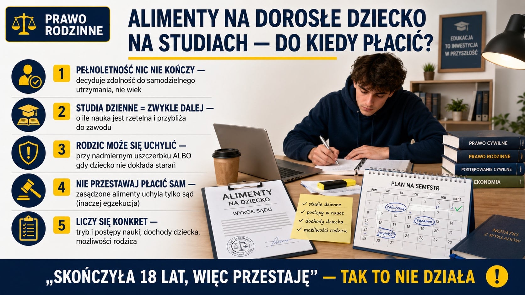Infografika o alimentach na dorosłe dziecko na studiach: pełnoletność nie kończy obowiązku — liczy się zdolność do samodzielnego utrzymania, nie wiek; zasądzone alimenty rodzic może uchylić wyłącznie przez sąd.