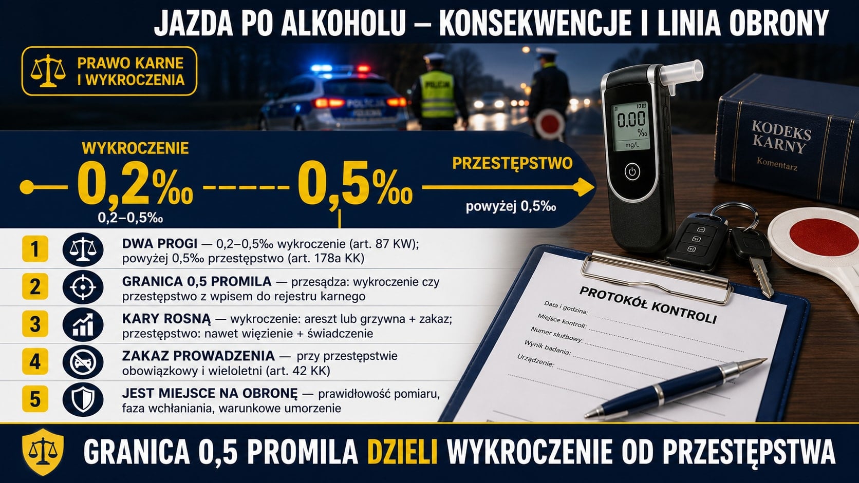 Infografika o jeździe po alkoholu: 0,2–0,5 promila to wykroczenie (art. 87 KW), a powyżej 0,5 promila to przestępstwo (art. 178a KK); granica 0,5 promila dzieli oba reżimy odpowiedzialności, przy przestępstwie zakaz prowadzenia jest obowiązkowy.