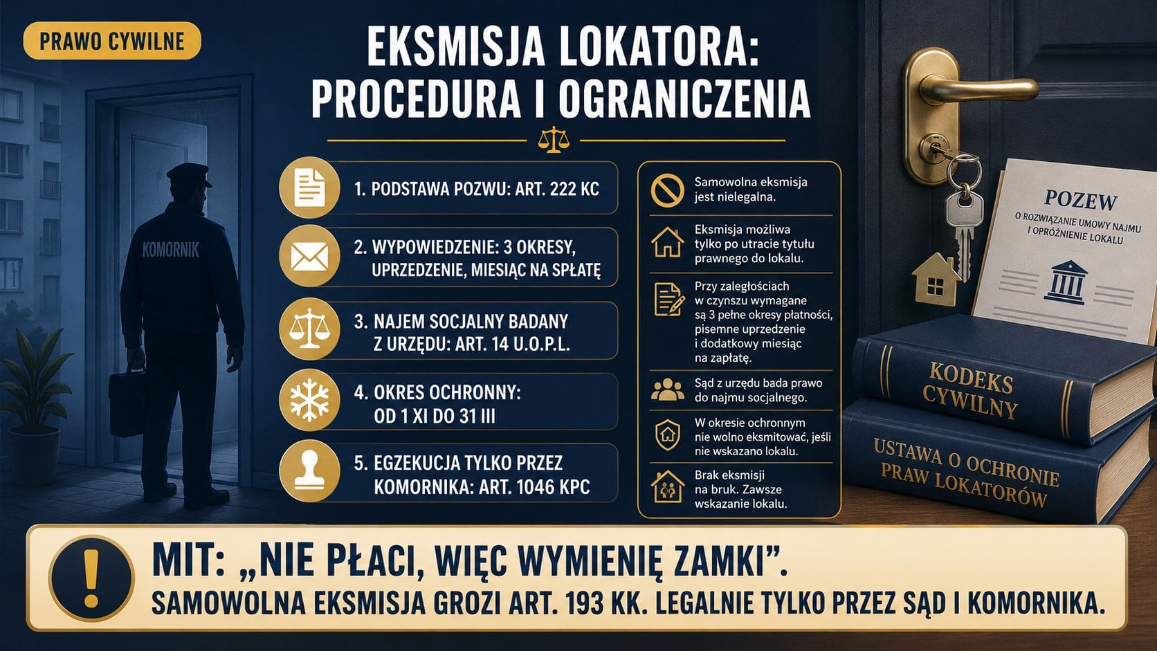 Infografika o eksmisji lokatora: pozew na podstawie art. 222 KC po utracie tytułu prawnego, wymogi wypowiedzenia za zaległości, najem socjalny, okres ochronny 1 XI–31 III i egzekucja komornicza bez eksmisji na bruk.