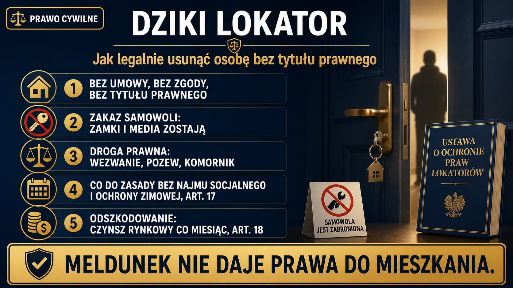 Infografika: dziki lokator i jak legalnie usunąć osobę bez tytułu prawnego. Zakaz samowoli, droga przez pozew i komornika, co do zasady bez najmu socjalnego i ochrony zimowej. Meldunek nie daje prawa do mieszkania.