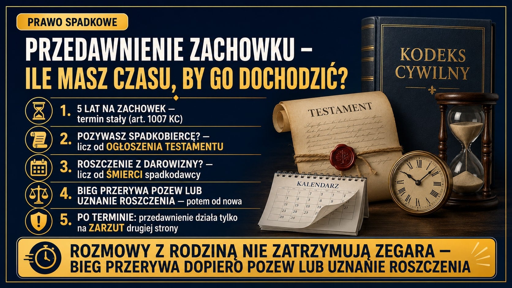 Infografika o przedawnieniu zachowku: 5 lat (art. 1007 KC) liczone od ogłoszenia testamentu przy pozwie przeciwko spadkobiercy albo od śmierci spadkodawcy przy roszczeniu z darowizny; bieg przerywa pozew lub uznanie roszczenia.