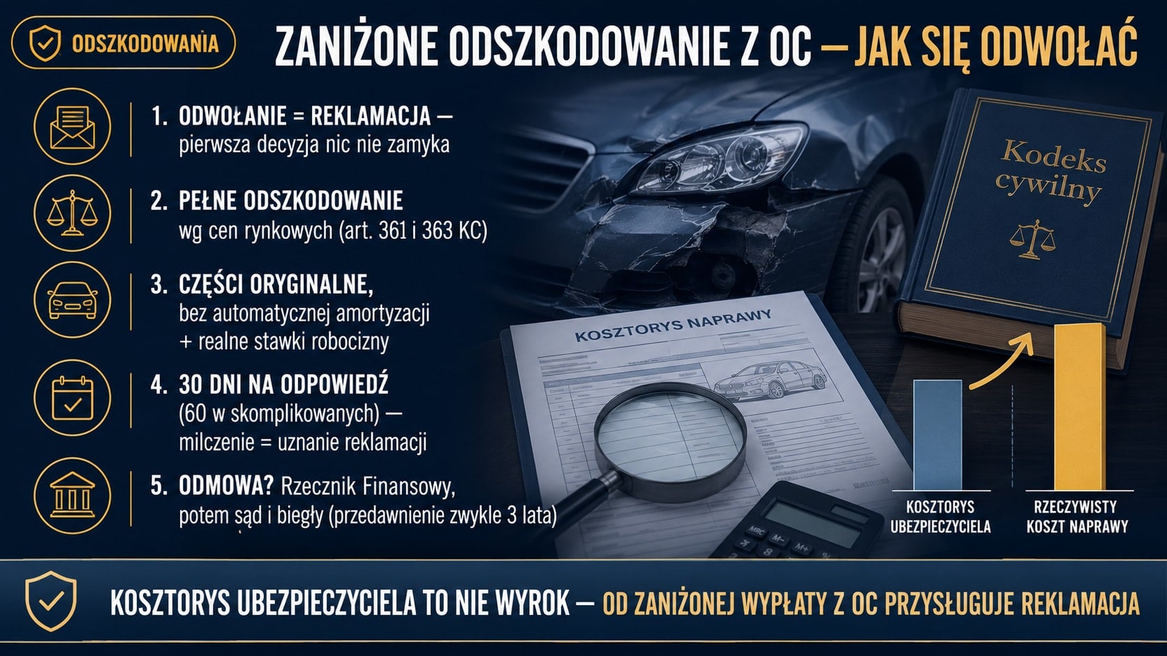 Infografika o zaniżonym odszkodowaniu z OC: odwołanie to reklamacja do ubezpieczyciela, należy się pełne odszkodowanie według cen rynkowych (art. 361 i 363 KC), 30 dni na odpowiedź, a po odmowie Rzecznik Finansowy i sąd.
