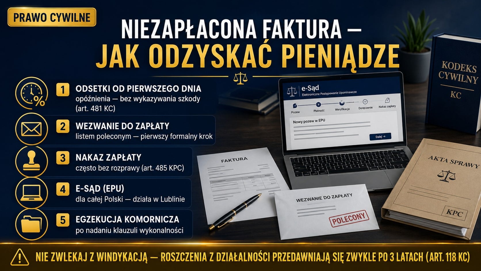 Infografika o niezapłaconej fakturze: odsetki od pierwszego dnia opóźnienia (art. 481 KC), wezwanie do zapłaty, nakaz zapłaty w e-sądzie (EPU w Lublinie) i egzekucja komornicza; roszczenia przedawniają się zwykle po 3 latach.