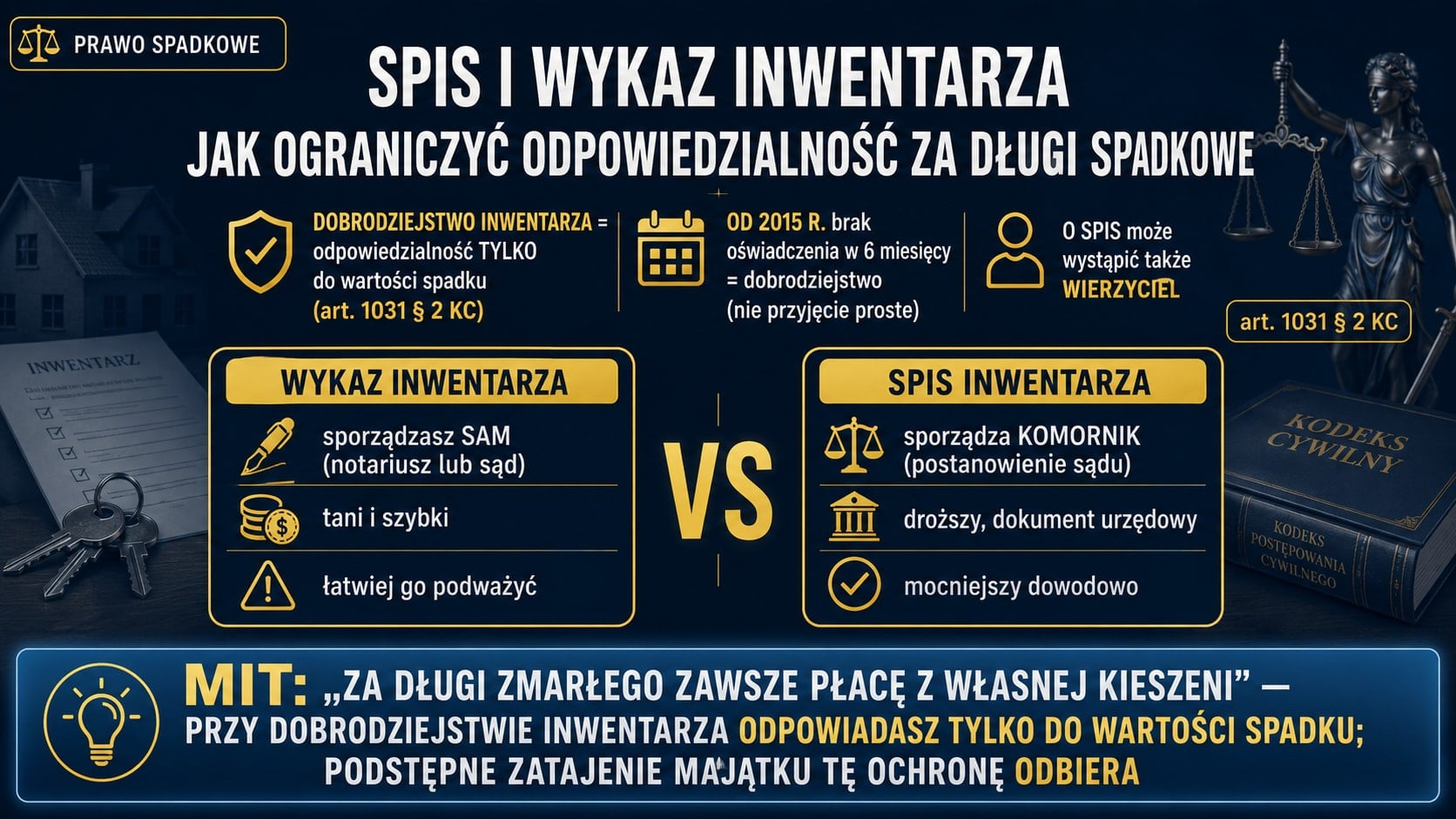 Infografika: wykaz inwentarza sporządza sam spadkobierca, a spis — komornik; dobrodziejstwo inwentarza ogranicza odpowiedzialność za długi spadkowe do wartości spadku (art. 1031 § 2 KC), lecz podstępne zatajenie majątku ją odbiera.