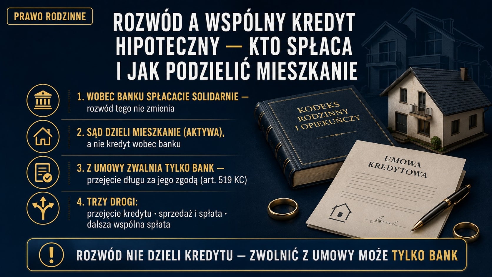 Infografika: rozwód nie dzieli kredytu hipotecznego — byli małżonkowie spłacają go wobec banku solidarnie; sąd dzieli mieszkanie (aktywa), a z umowy kredytowej zwalnia tylko bank przez przejęcie długu (art. 519 KC).