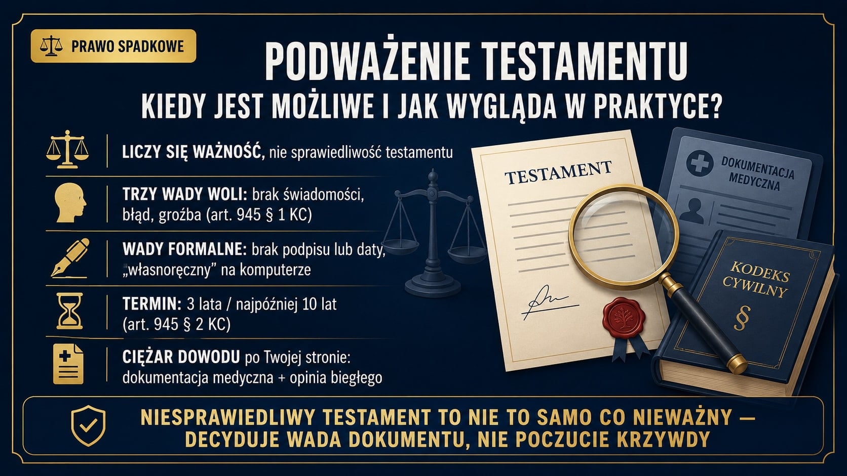 Infografika o podważeniu testamentu: liczy się ważność, nie sprawiedliwość — wady woli i formalne z art. 945 KC, termin 3 lata (najpóźniej 10 lat od otwarcia spadku), ciężar dowodu: dokumentacja medyczna i opinia biegłego.