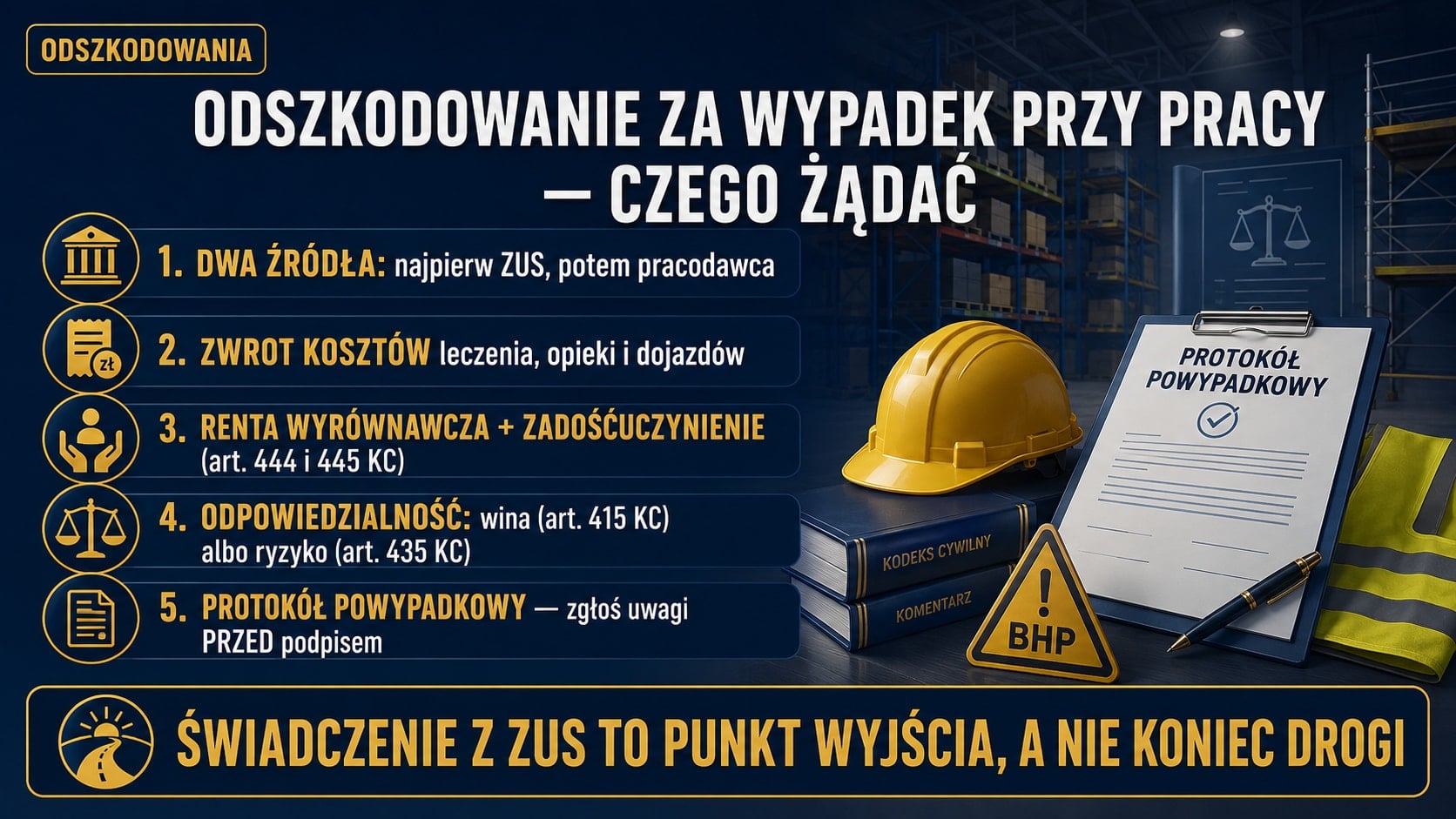 Infografika: po wypadku przy pracy najpierw świadczenia z ZUS, potem roszczenia uzupełniające od pracodawcy — zwrot kosztów, renta wyrównawcza i zadośćuczynienie (art. 444 i 445 KC); protokół powypadkowy czytaj przed podpisem.