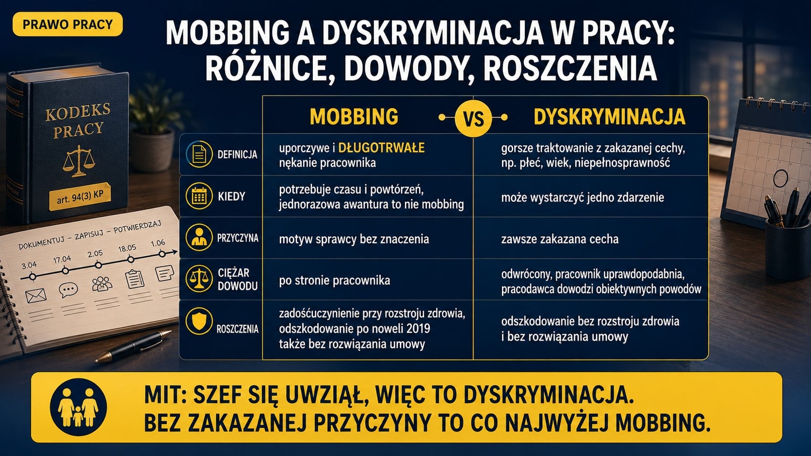 Infografika: mobbing to uporczywe, długotrwałe nękanie z ciężarem dowodu na pracowniku; dyskryminacja to gorsze traktowanie z zakazanej cechy — wystarczy jedno zdarzenie, a ciężar dowodu przechodzi na pracodawcę.