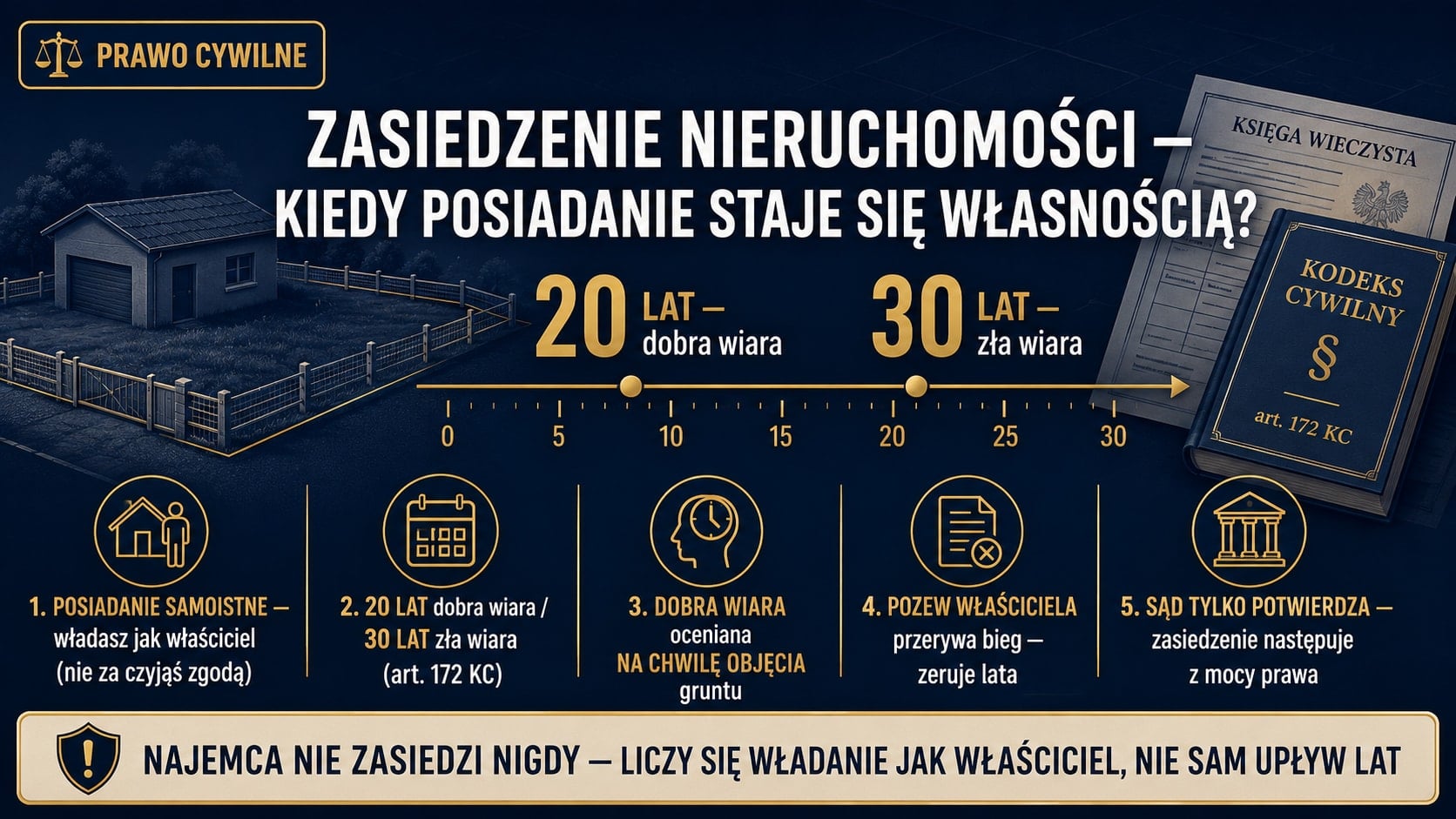 Infografika o zasiedzeniu nieruchomości: 20 lat posiadania samoistnego w dobrej wierze lub 30 lat w złej wierze (art. 172 KC); dobrą wiarę ocenia się na chwilę objęcia gruntu, pozew właściciela przerywa bieg, a sąd tylko potwierdza nabycie z mocy prawa.