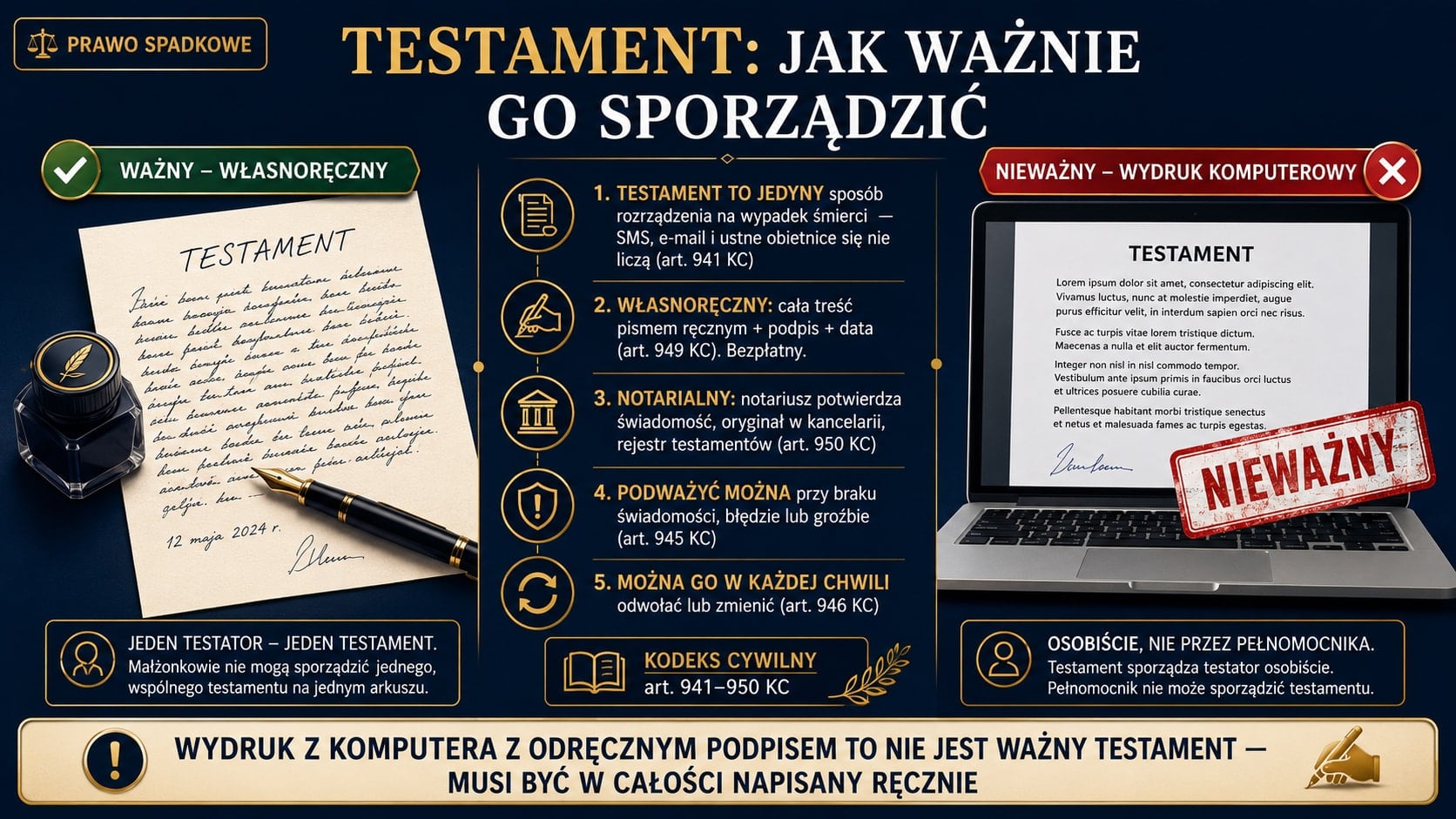 Infografika: testament własnoręczny jest ważny tylko w całości pismem ręcznym z podpisem i datą (art. 949 KC), wydruk z samym podpisem jest nieważny, a małżonkowie nie sporządzą jednego wspólnego testamentu (art. 942 KC).