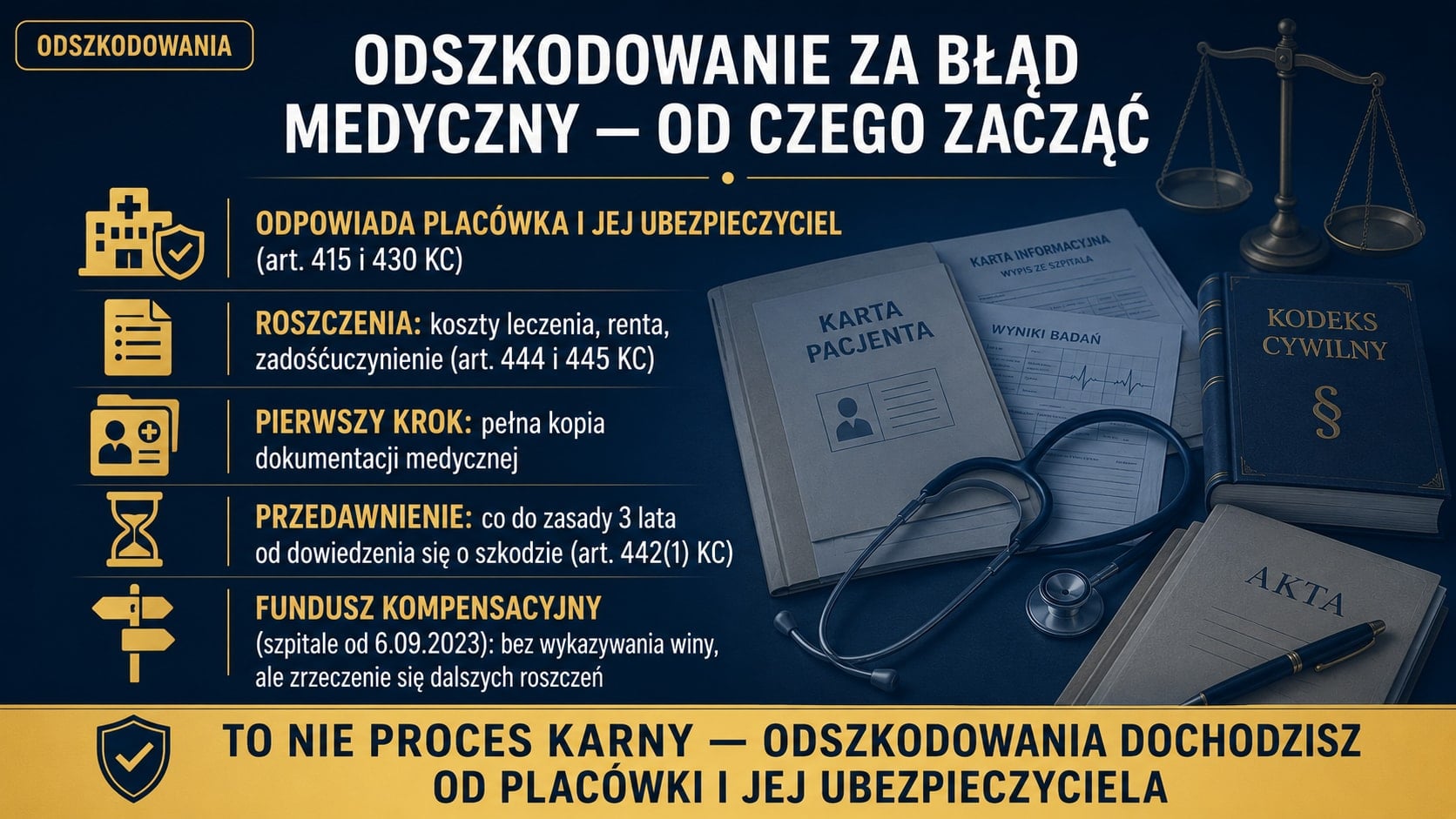 Infografika: za błąd medyczny odpowiada placówka i jej ubezpieczyciel (art. 415 i 430 KC); zacznij od pełnej dokumentacji medycznej, pilnuj 3-letniego przedawnienia, a Fundusz Kompensacyjny działa bez winy, lecz zamyka dalsze roszczenia.