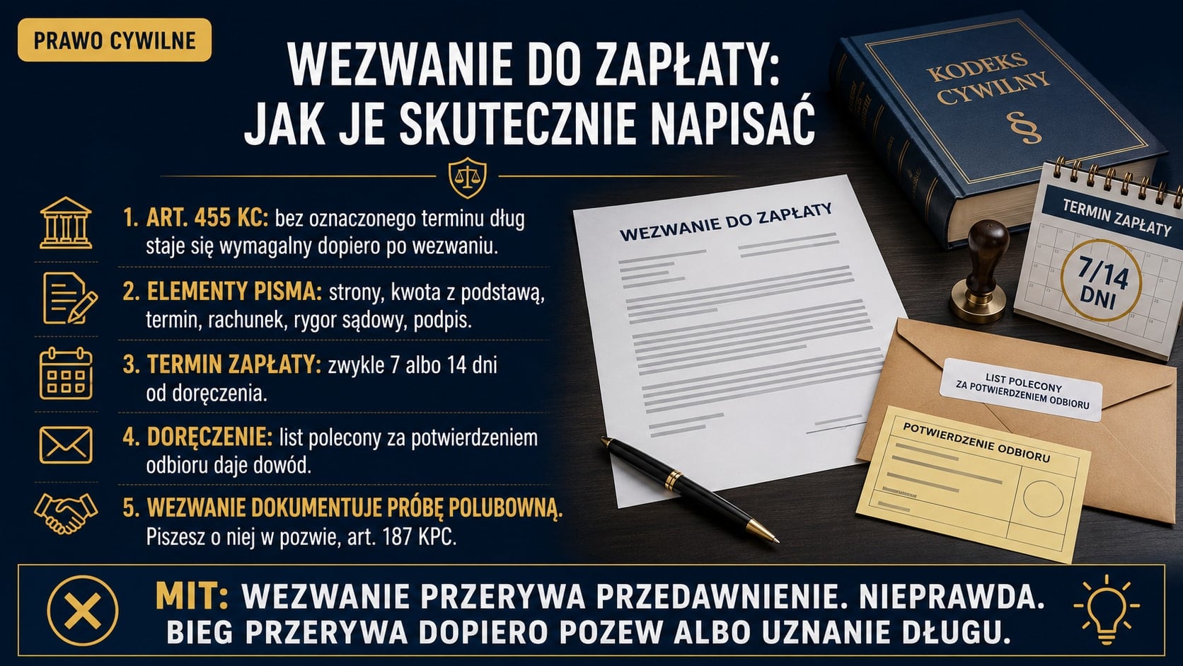 Infografika: wezwanie do zapłaty czyni dług bez oznaczonego terminu wymagalnym (art. 455 KC), zawiera strony, kwotę z podstawą, termin i rygor, doręcza się je poleconym za potwierdzeniem odbioru, a przedawnienia nie przerywa.