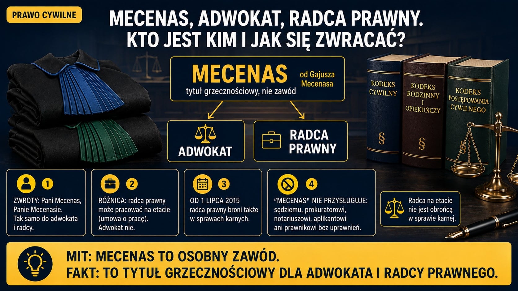 Infografika: mecenas to tytuł grzecznościowy, nie zawód. Schemat klamry pokazuje, że obejmuje on równorzędnie adwokata i radcę prawnego. Od 1 lipca 2015 radca prawny broni także w sprawach karnych, chyba że pracuje na etacie.