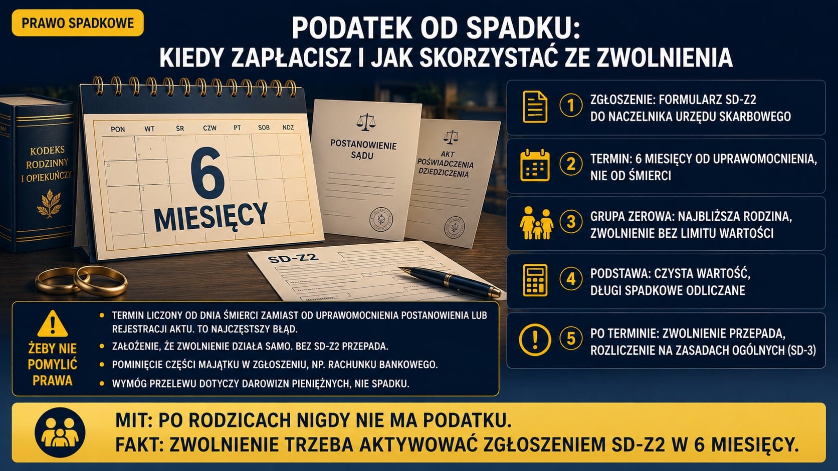 Infografika: zwolnienie z podatku od spadku dla najbliższej rodziny wymaga zgłoszenia SD-Z2 w ciągu 6 miesięcy od uprawomocnienia postanowienia sądu, nie od dnia śmierci. Po terminie zwolnienie przepada, a długi spadkowe odliczasz od podstawy.