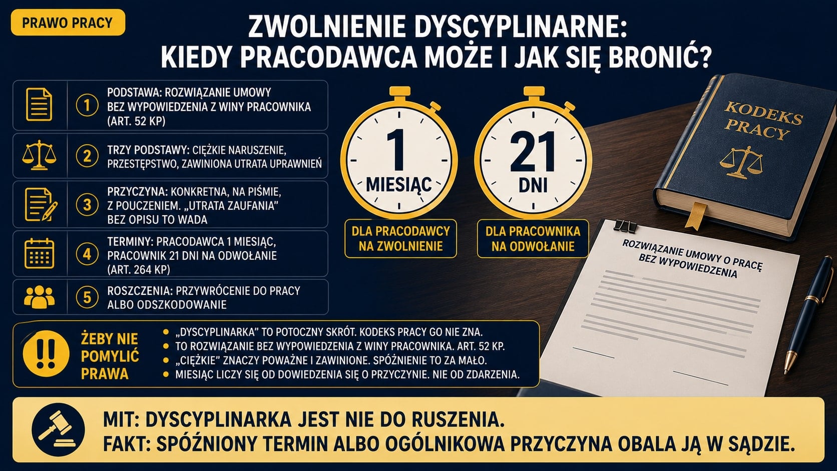 Infografika: pracodawca ma 1 miesiąc od dowiedzenia się o przyczynie na zwolnienie dyscyplinarne (art. 52 KP), a pracownik 21 dni na odwołanie do sądu pracy (art. 264 KP). Spóźniony termin albo ogólnikowa przyczyna obala dyscyplinarkę w sądzie.
