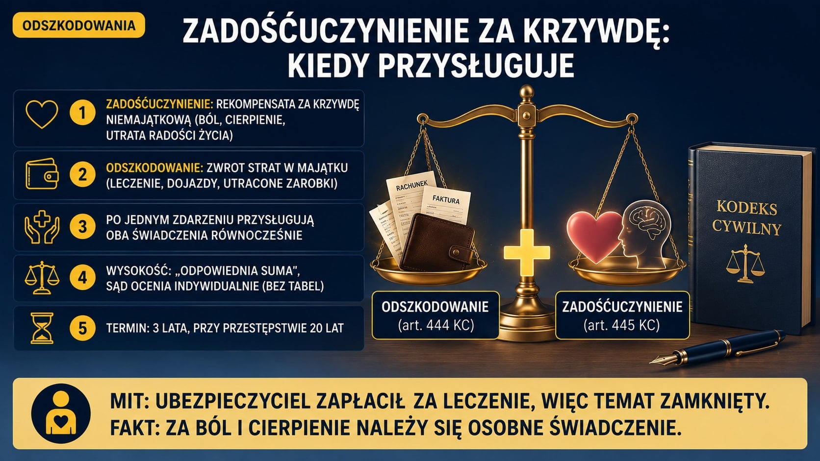 Infografika: zadośćuczynienie (art. 445 KC) rekompensuje krzywdę niemajątkową, ból, cierpienie i utratę radości życia, a odszkodowanie (art. 444 KC) zwraca straty w majątku. Po jednym zdarzeniu przysługują oba świadczenia równocześnie.