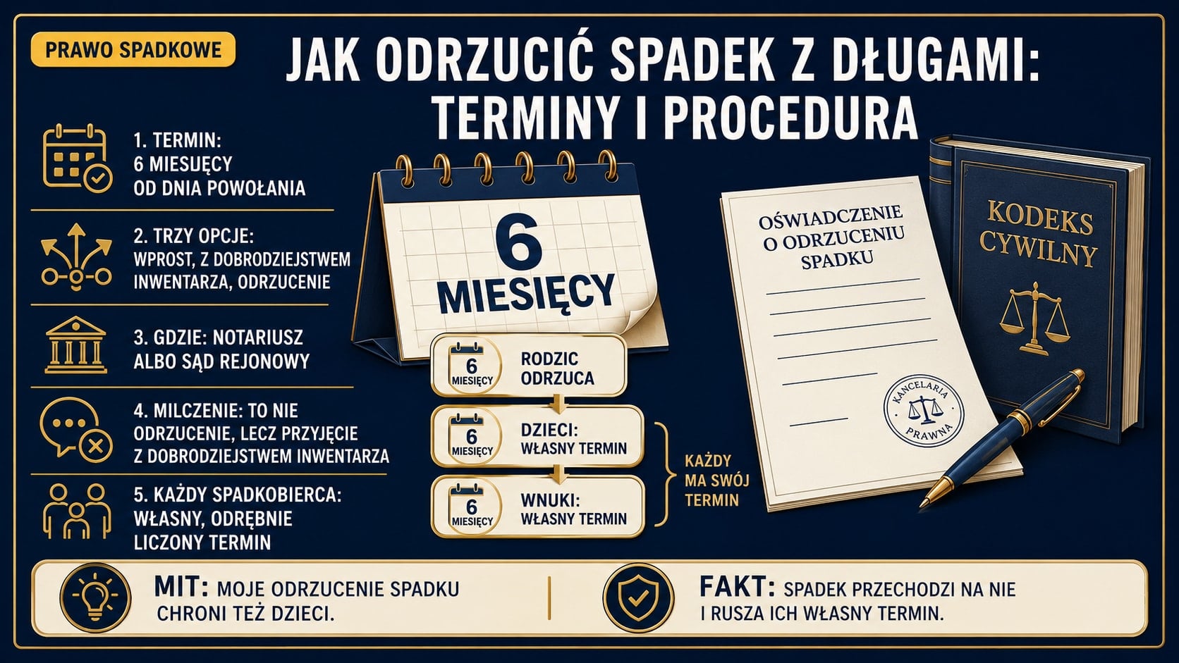 Infografika o odrzuceniu spadku z długami: oświadczenie w terminie 6 miesięcy od powołania, przed notariuszem albo w sądzie rejonowym. Po odrzuceniu udział przechodzi na dzieci, a każdemu z nich biegnie własny termin.