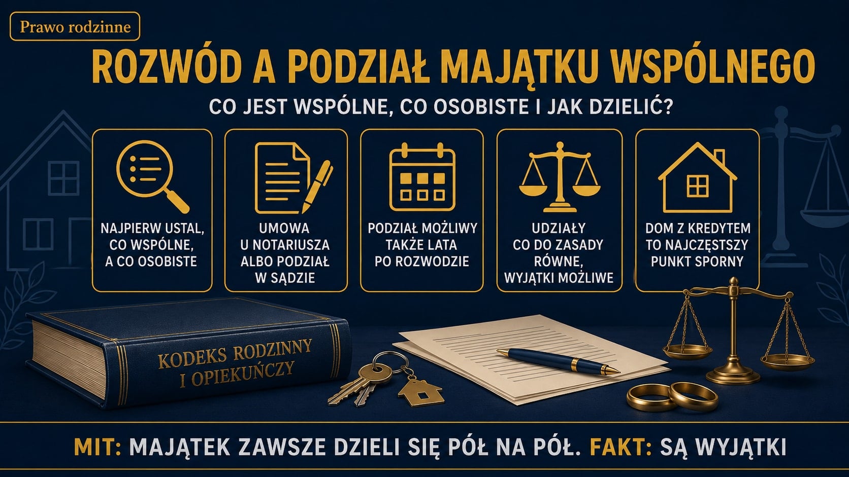 Infografika: rozwód a podział majątku wspólnego. Najpierw ustal, co wspólne, a co osobiste. Podział umową u notariusza albo w sądzie, możliwy też lata po rozwodzie. Udziały co do zasady równe, są wyjątki.