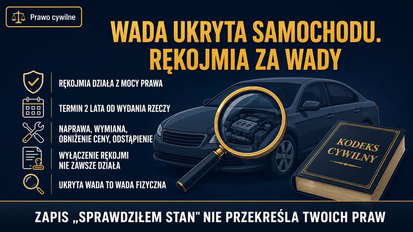 Infografika na granatowym tle: ciemny samochód osobowy z lupą powiększającą silnik jako symbol ukrytej wady oraz księga „Kodeks cywilny”. Hasło: rękojmia za wady działa z mocy prawa przez 2 lata od wydania rzeczy.