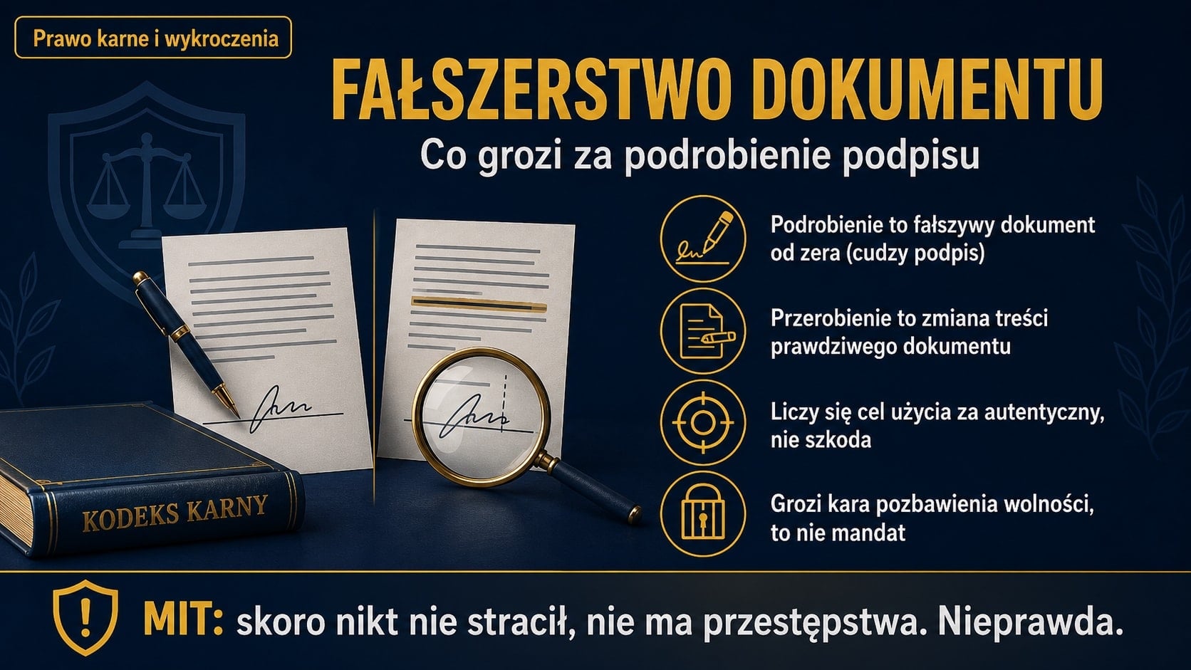Infografika o fałszerstwie dokumentu i tym, co grozi za podrobienie podpisu z art. 270 KK. Podrobienie to fałszywy dokument od zera, przerobienie to zmiana treści prawdziwego. Grozi kara pozbawienia wolności.