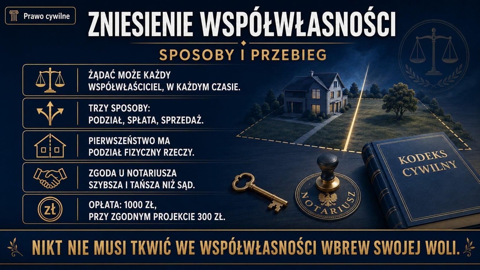 Infografika o zniesieniu współwłasności: trzy sposoby (podział fizyczny, spłata, sprzedaż), pierwszeństwo podziału fizycznego, zgoda u notariusza szybsza niż sąd, opłata 1000 zł lub 300 zł przy zgodnym projekcie.