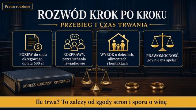 Infografika o rozwodzie krok po kroku: pozew do sądu okręgowego z opłatą 600 zł, rozprawy i przesłuchania, wyrok o dzieciach, alimentach i kontaktach, prawomocność bez apelacji. Czas zależy od zgody stron i sporu o winę.
