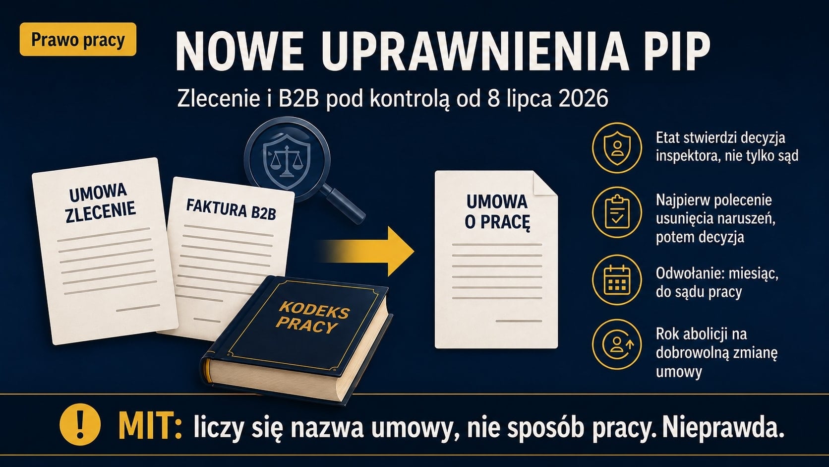 Infografika o nowych uprawnieniach PIP od 8 lipca 2026: umowa zlecenie i faktura B2B zamieniane strzałką w umowę o pracę obok Kodeksu pracy, z zasadami decyzji inspektora, odwołania do sądu pracy i rocznej abolicji.