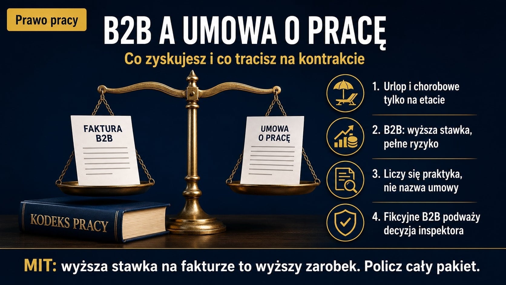 Infografika porównująca umowę B2B z umową o pracę: waga szalkowa z fakturą B2B i umową o pracę w równowadze obok Kodeksu pracy, z zasadami urlopu, ryzyka, oceny praktyki współpracy i decyzji inspektora.