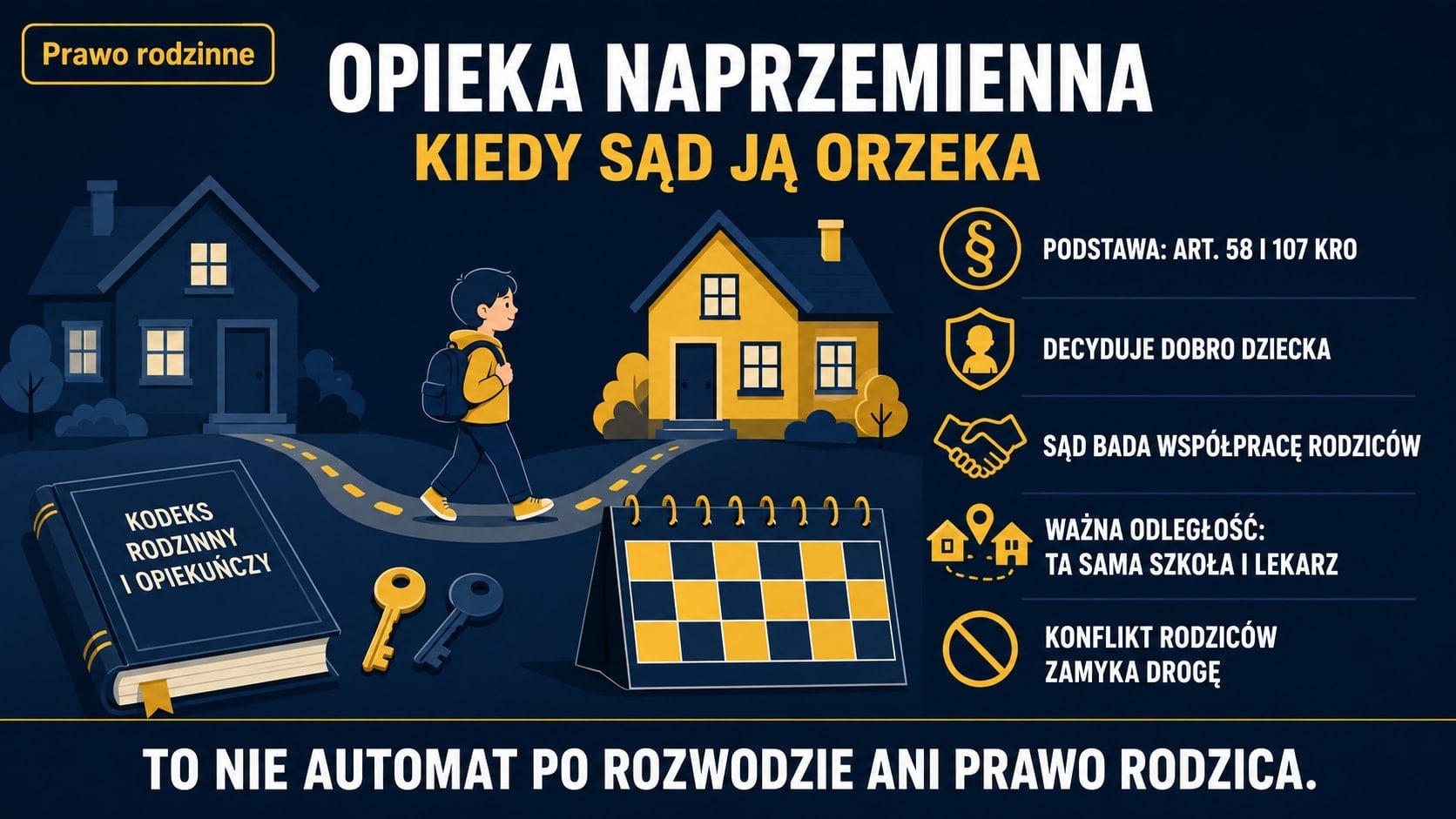 Infografika o opiece naprzemiennej: kiedy sąd ją orzeka. Podstawa to art. 58 i 107 KRO, decyduje dobro dziecka, sąd bada współpracę rodziców i odległość domów, a konflikt zamyka drogę. To nie automat po rozwodzie.