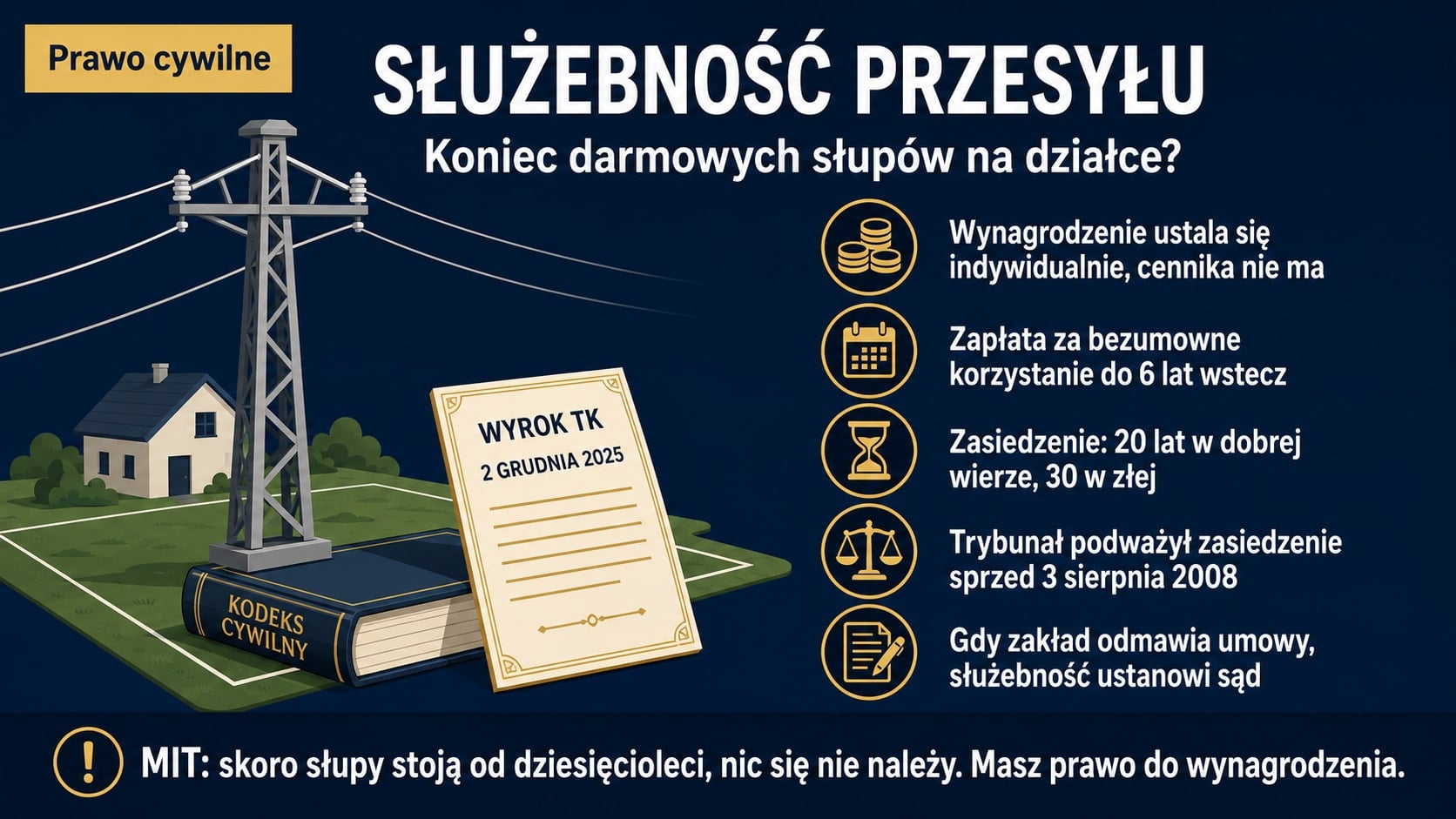 Infografika o służebności przesyłu: słup energetyczny nad działką z domem, księga Kodeks cywilny i karta z wyrokiem TK z 2 grudnia 2025 r. Obok wynagrodzenie, zapłata za 6 lat wstecz, zasiedzenie i wniosek do sądu.