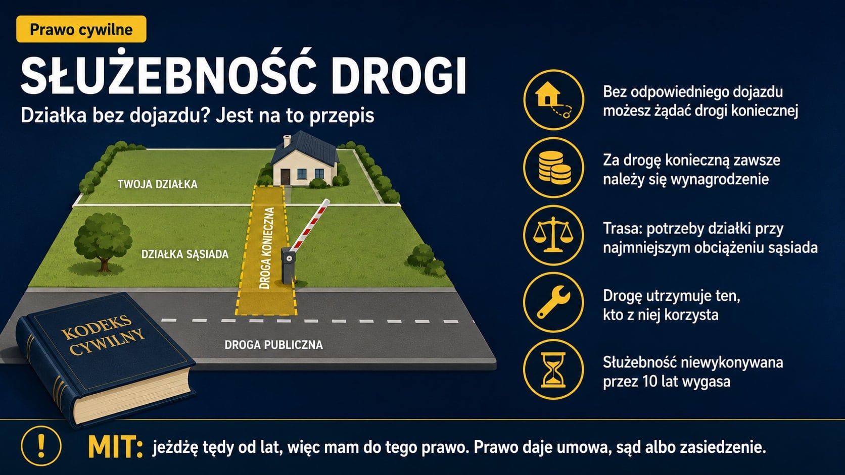 Infografika o służebności drogi: działka bez dojazdu, pas drogi koniecznej przez grunt sąsiada do drogi publicznej, podniesiony szlaban i księga Kodeks cywilny. Obok wynagrodzenie, trasa, utrzymanie i wygaśnięcie.