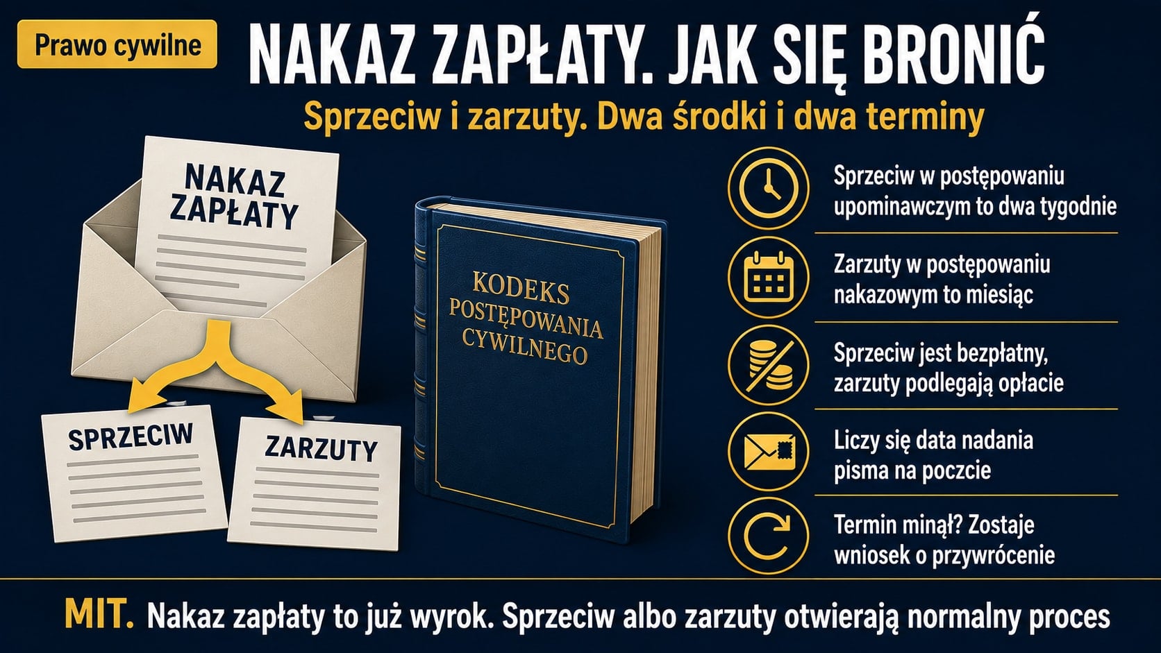 Infografika o obronie przed nakazem zapłaty: koperta z nakazem i dwa środki zaskarżenia, sprzeciw w postępowaniu upominawczym w dwa tygodnie, zarzuty w nakazowym w miesiąc, obok Kodeks postępowania cywilnego.