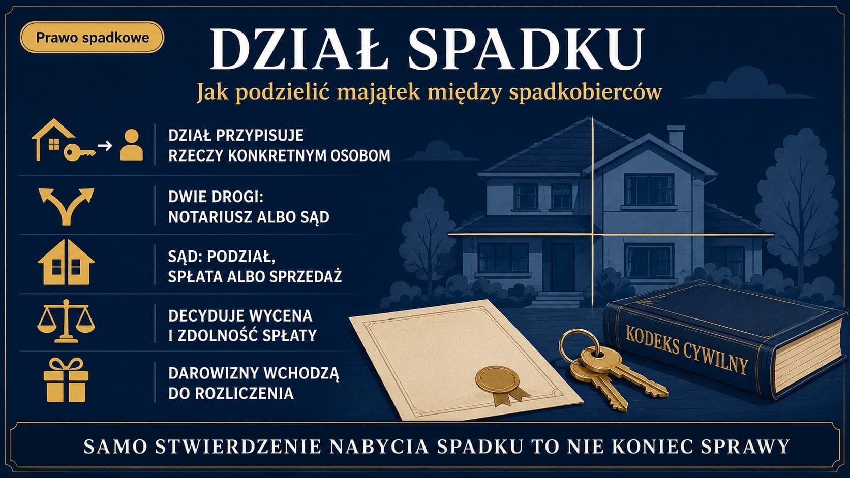 Infografika o dziale spadku: dział przypisuje rzeczy konkretnym osobom, dwie drogi (notariusz albo sąd), sąd dzieli, przyznaje ze spłatą albo sprzedaje, decydują wycena i zdolność spłaty, darowizny wchodzą do rozliczenia.
