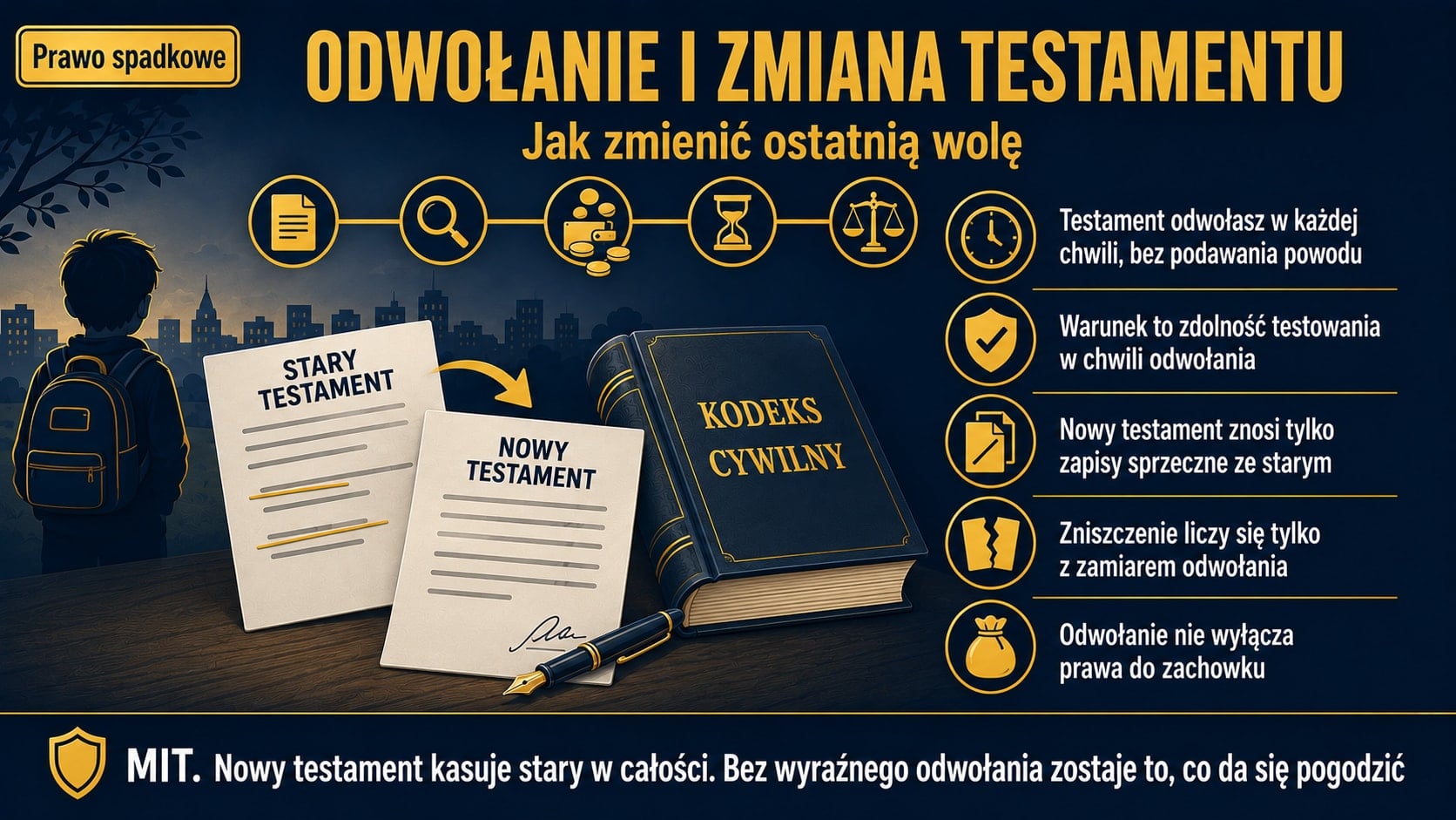Infografika o odwołaniu i zmianie testamentu: odwołasz go w każdej chwili bez podawania powodu, warunkiem jest zdolność testowania, nowy testament znosi tylko zapisy sprzeczne ze starym, zniszczenie liczy się z zamiarem, a prawo do zachowku zostaje.