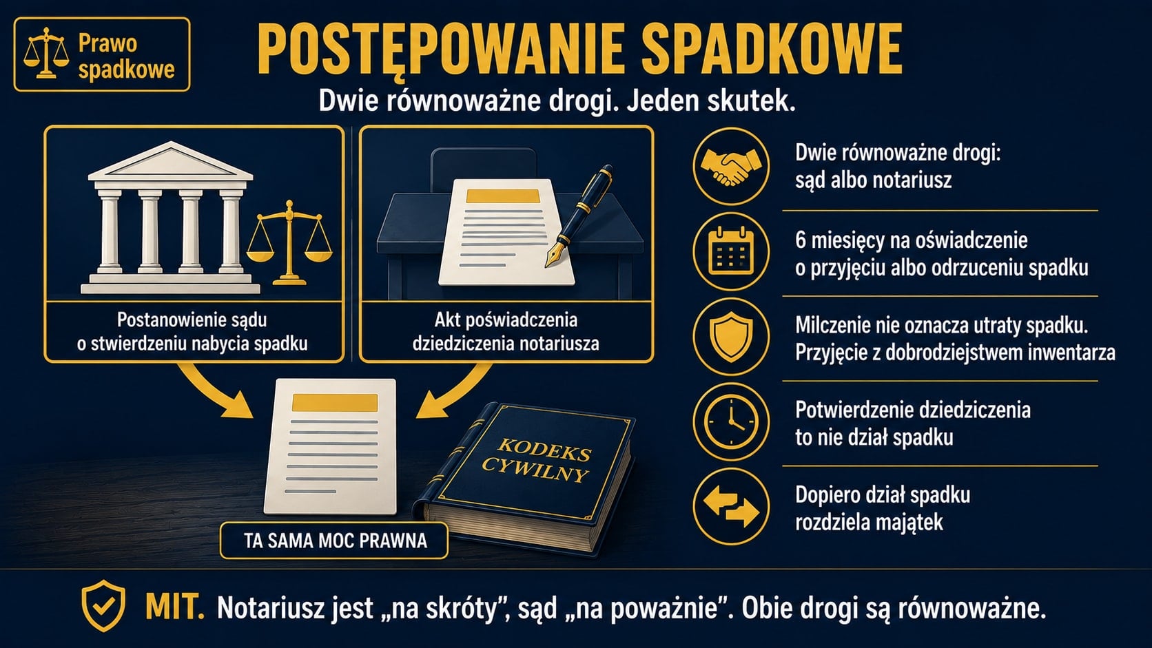 Infografika: postępowanie spadkowe dwiema równoważnymi drogami. Sąd wydaje postanowienie o stwierdzeniu nabycia spadku, notariusz sporządza akt poświadczenia dziedziczenia, oba dokumenty mają tę samą moc prawną.